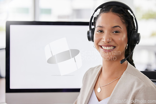 Image of Woman, call center portrait and blank computer screen with smile for customer service, tech support and help. Female consultant, agent or crm expert with happiness in workplace for mockup space on pc