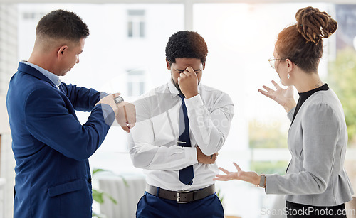 Image of Late, deadline and stress from worker from angry management team in a office. Upset, anxiety and fatigue of a business man behind time with frustrated manager in a company feeling disappointed