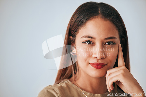 Image of Thinking, woman portrait and happy face closeup of a young female with decision and mockup. Isolated, studio background and contemplation person with creative strategy idea feeling thoughtful