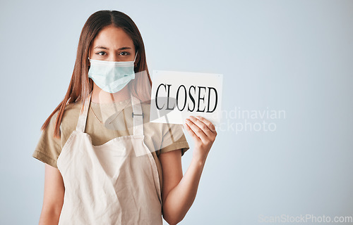 Image of Woman, closed sign and face mask for covid in studio for announcement isolated on white background mockup. Entrepreneur, small business owner and closing poster for pandemic with portrait of waitress