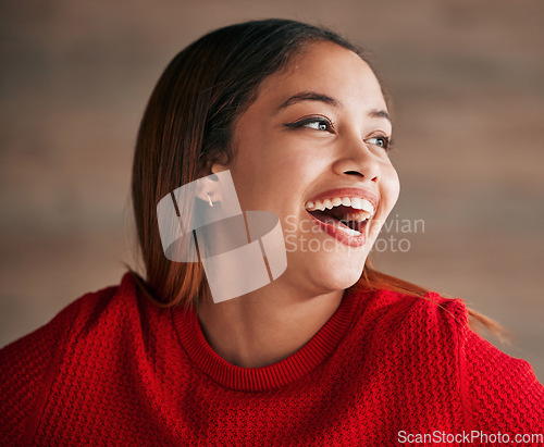 Image of Woman, laugh and happiness of a gen z female with motivation and comedy. Isolated, happy and excited smile from a young person feeling carefree, youth and confidence with laughter from funny joke