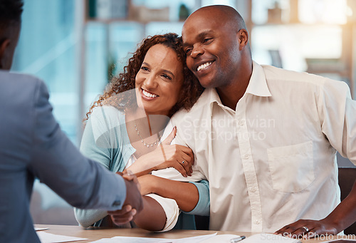 Image of Couple, real estate deal and handshake of realtor and happy black man with love and care. Home, mortgage agreement and smile with a thank you and success gesture for house investment and loan