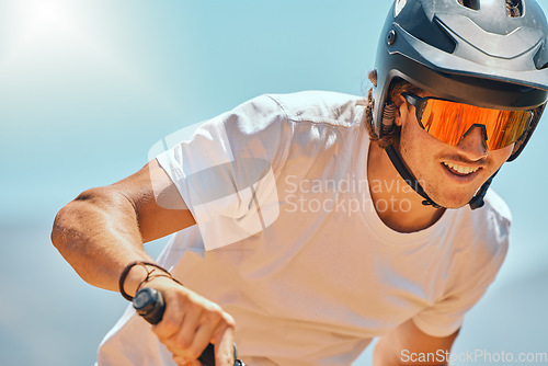 Image of Race, sports and a man on a bike for cycling, training and cardio fitness in nature. Happy, summer and cyclist on a bicycle for a workout, contest or cycle competition for exercise and transportation