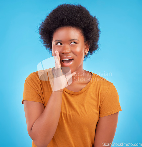 Image of Black woman, hand on mouth and secret gossip in studio, sharing exciting news or drama on blue background. Deal announcement, whisper and happy African girl with afro, discussion isolated in privacy.