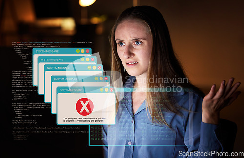 Image of System, software and woman with error, message and glitch in workplace with cyber security at night. Female coder, lady and programmer with holographic, database virus and online issue with anxiety