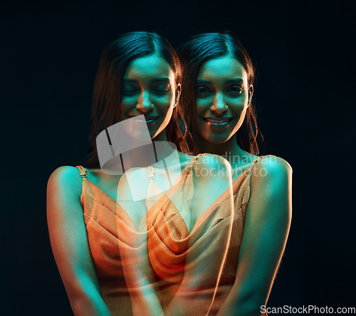 Image of Neon green light, woman portrait and double exposure of fashion with beauty and art aesthetic. Creative art lighting, female and model with a dark background in a studio lights with modern style