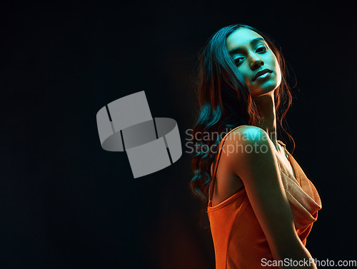 Image of Green light style, dark background mockup and woman portrait with beauty, glowing skin and art aesthetic. Creative neon lighting, young female and model in a studio with modern luxury with mockup