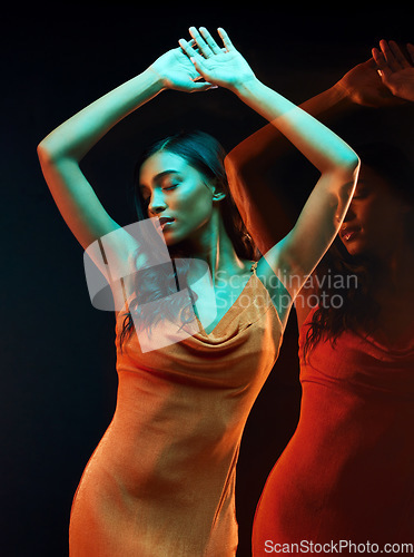 Image of Green neon light, dance and double exposure of woman with beauty and fashion art aesthetic. Creative lighting, young female and model with dark background in studio with modern style and dancing