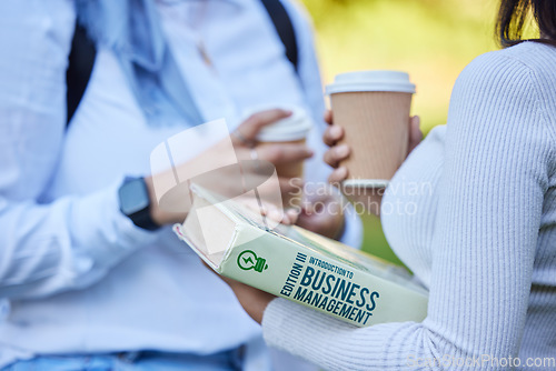 Image of Study book, lunch break or friends at park, university campus or outdoor learning, education and reading. Closeup of girl students relaxing together with research school books or college knowledge