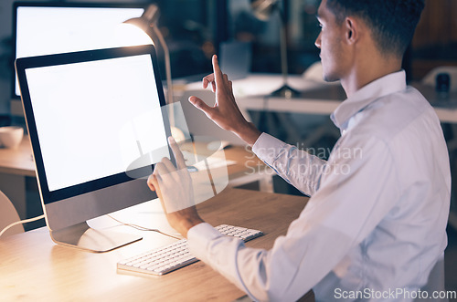 Image of Night business, man and computer mockup for interactive user interface, web design and connection screen. Worker, desktop mock up and virtual technology for innovation, cyber dashboard and digital ui