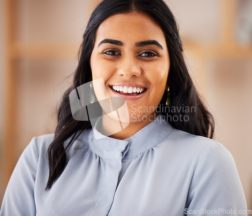 Image of Happy, smile and portrait of Indian woman in office for management, empowerment and confidence. Happiness, executive and vision with face of employee for positive, expert and professional career
