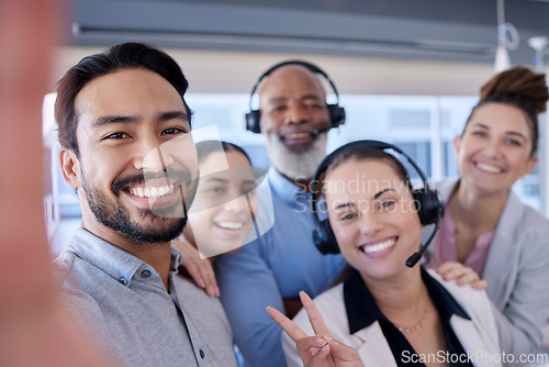 Image of Team building, smile or call center people selfie in telemarketing company or agency together. CRM support, portrait or happy customer services employees laughing or bonding in telecom sales office