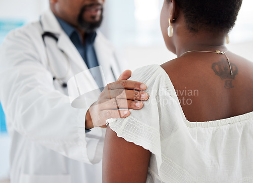 Image of Doctor, hands and touch shoulder of patient for support, comfort and kindness. Healthcare, consultation and medical professional talking with black woman for empathy, bad news or cancer diagnosis.