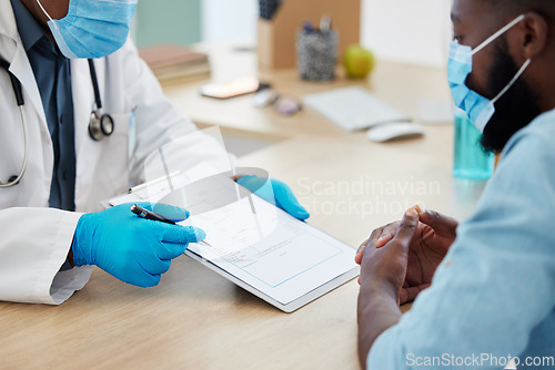 Image of Doctor, covid consultation and clipboard with results, test or information in hospital. Healthcare, medical professional and black man with patient documents for advice, health insurance or checklist