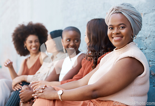 Image of Black woman, portrait smile and waiting room with team in collaboration for hiring or recruitment in row at office. Creative African female smiling in teamwork, leadership or management for startup