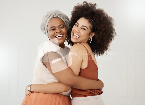 Image of Hug, happy and portrait of women with plasters after vaccination, covid safety and virus protection. Smile, excited and friends hugging after getting a vaccine together to protect from disease