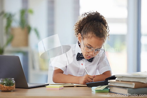 Image of Writing, business dress up and child planning in a notebook doing pretend work. Children game, glasses, and document of a play professional and youth worker with focus and working on a schedule