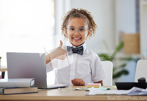 Image of Success, winner and child with thumbs up on laptop for achievement, victory and online results. Business, workspace and young girl on computer with hand gesture smile, happy and excited for goals