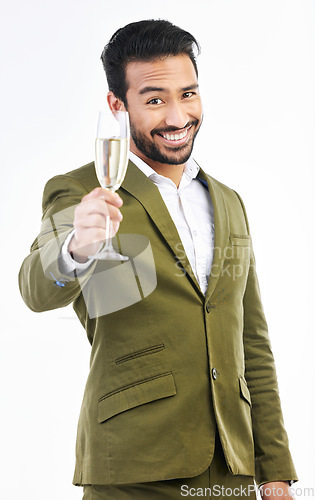 Image of Business man, portrait and wine glass for cheers, celebration and happy hour of success on white background. Smile, entrepreneur and toast of champagne, alcohol and drinks in studio for winning offer