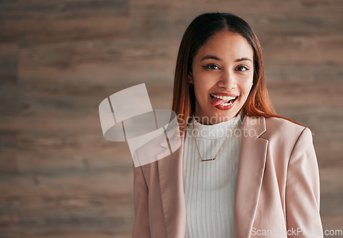 Image of Happy, portrait and woman with her tongue out by a wall with a positive, goofy and confident mindset. Happiness, excited and headshot of a young female model fro Mexico with a silly face expression.