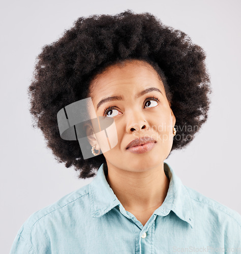 Image of Thinking, space and face of black woman in studio for mockup, idea and promotion. Show, information and mockup with female isolated on white background for logo, announcement and advertising