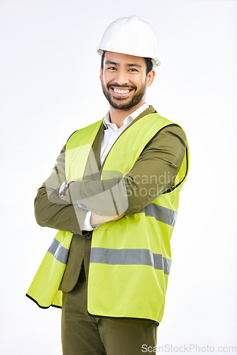 Image of Construction, smile and portrait of engineer in studio with suit, vest and helmet on white background. Happiness, proud contractor with safety and confidence, professional Indian man with happy face.