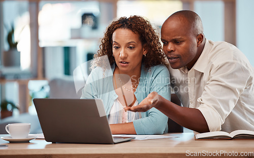 Image of Budget, finance and black couple with laptop at table checking online banking email with concern. Computer, man and woman planning financial investment, bank payment report and taxes with internet.