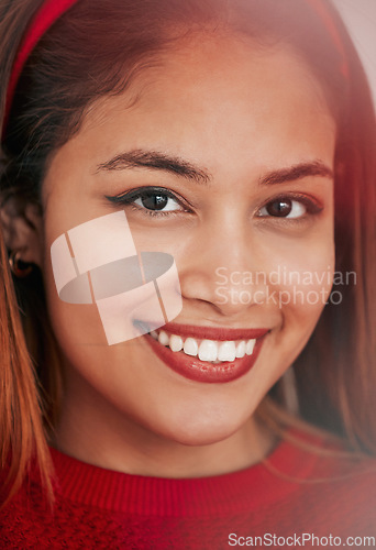 Image of Happy, smile and portrait of woman in studio for natural, satisfaction and youth. Happiness, relax and cool with face of female model smiling on background for elegant, lens flare and glow
