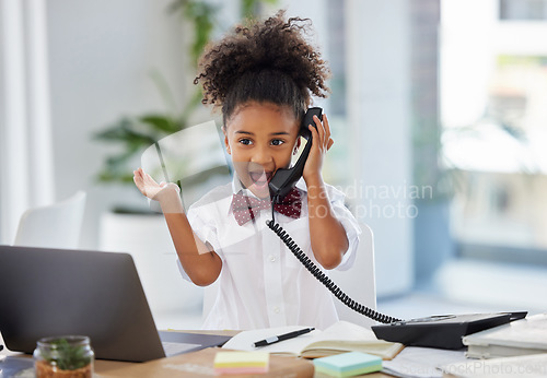 Image of Phone call, telephone and surprise with child in office for communication, news and notification. Excited, business and comic with young girl at desk in workplace for shocked, wow and announcement