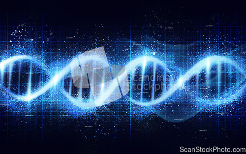 Image of DNA, genetic code isolated on black background, science with neon blue light and ai generated. Evolution, helix and molecular structure, genome cell and RNA, gene with link and technology abstract
