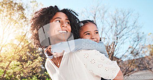 Image of Mother, child and family outdoor with love and care for piggyback to a play game for fun in backyard. Smile of woman and girl kid in nature to relax together in summer with a hug for support or trust