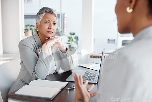 Image of Listening, meeting and business women with advice, support or discussion at financial advisor office for career growth. Proposal, planning and woman speaking to client, boss or manager of job ideas