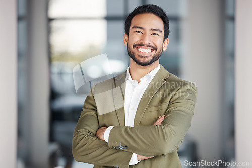 Image of Happy, smile and portrait of man in office for business, professional and executive. Mission, happiness and pride with employee in startup agency for entrepreneur, agent and joy with mockup