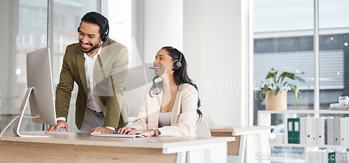 Image of Call center, team and training, consultant and advisor, CRM and contact us, collaboration and happy people. Customer service, telemarketing and tech support, man and woman work together at computer