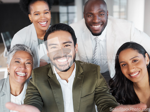 Image of Happy, selfie and portrait of business people in the office having fun while in a meeting. Happiness, diversity and corporate team of friends with a smile while taking a picture together in workplace
