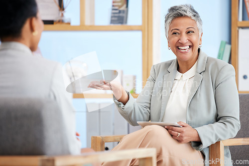 Image of Happy woman, therapist and therapy advice, mental health questions and speaking to client in consultation. Tablet, results and progress of psychologist person talking to patient for help or support