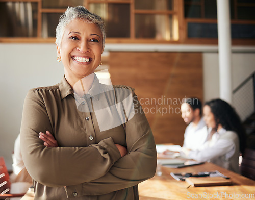 Image of Happy, leadership and portrait of a woman with arms crossed for a meeting, seminar or work training. Smile, pride and a corporate employee with confidence in a team conference or coaching a group