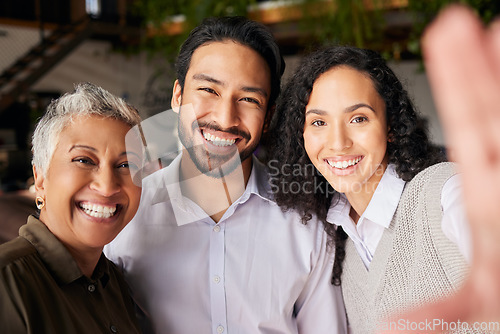 Image of Staff selfie, portrait or happy business people in group for corporate meeting, photography or diversity post. Office friends, career influencers or employees with teamwork in a fun profile picture