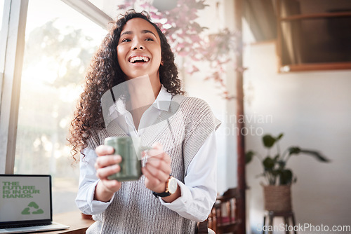 Image of Coffee shop, happy woman and laptop screen for business startup, remote work or recycling project and sustainability. Happy biracial person at Internet cafe for website ideas, inspiration or planning