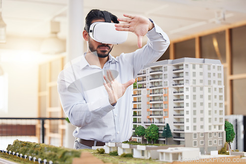 Image of Architect, man and virtual reality architecture model, construction and building with future technology and UX. VR goggles, design and engineering, metaverse and simulation of property development