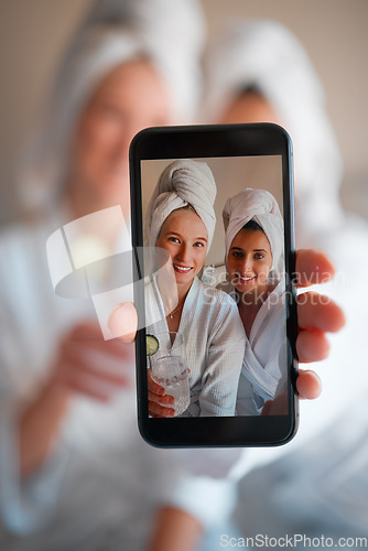 Image of Woman, friends and portrait selfie in beauty spa for relaxation, skincare or facial treatment at resort. Happy women smiling for profile picture, photo or vlog in zen, body care or wellness at salon