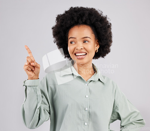 Image of Black woman, thinking point and idea with a smile in a studio with a solution to question with happiness. Isolated, white background and female feeling happy and confident from inspiration and ideas