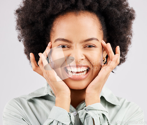 Image of Winner, excited and portrait of black woman in studio with smile, confidence and happiness on white background. Promotion, success mockup and face of girl for good news, announcement and winning