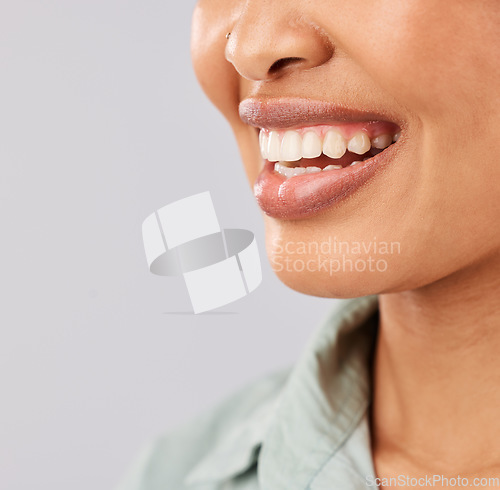 Image of Smile, dental teeth and face of black woman in studio isolated on a white background mockup. Tooth care, cosmetics and happiness of female model or person with lip makeup and oral health for wellness