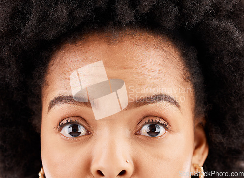 Image of Shock, expression and the portrait closeup of a black woman with an afro on a studio background. Wow, express and an African girl expressing shock, surprise and amazement with face in disbelief