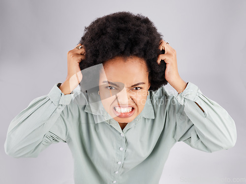 Image of Angry, frustrated and woman portrait with hair pull with stress and burnout. Mental health, face and anger problem from female with anxiety and extreme emotion in isolated studio with grey background