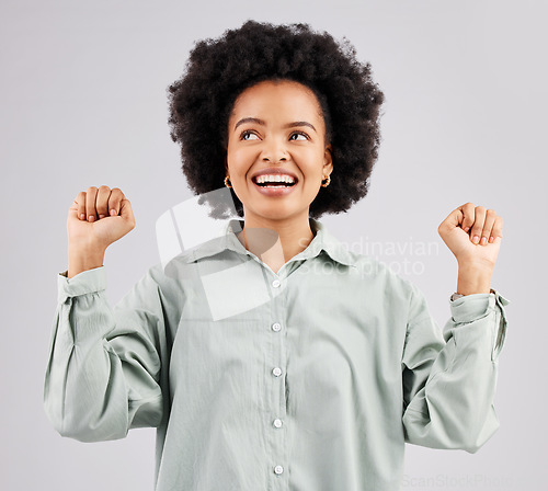 Image of Excited, cheer and face of black woman in studio with winning, achievement and celebration for good news. Success, advertising and isolated girl on white background happy for deal, sale and discount