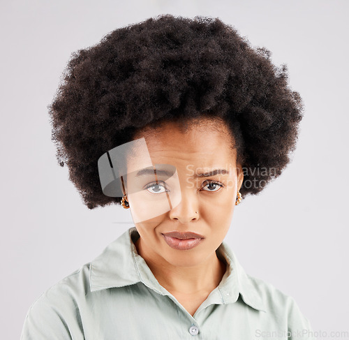 Image of Confused, doubt and portrait of black woman in studio with puzzled, bored and annoyed facial expression. Emotions, mockup and girl on white background with bad attitude, unsure and disbelief face