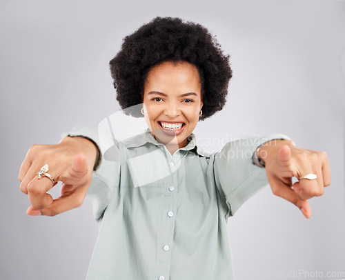 Image of Point, excited and portrait of black woman in studio with hand gesture for choice, motivation and you. Mockup space, white background and isolated girl pointing for decision, encouragement and deal