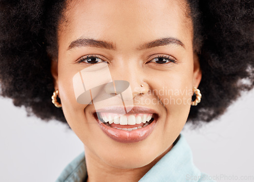 Image of Face, happy and portrait of black woman in studio with smile, confidence and happiness on white background. Business, success mockup or closeup of girl with positive mindset, wellness and empowerment